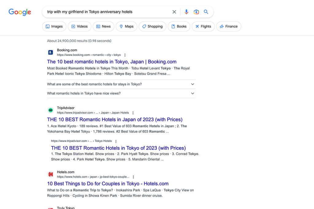 When planning their trip with Google Search, the user needs to sift through pages of results and click on the ones that are most relevant.