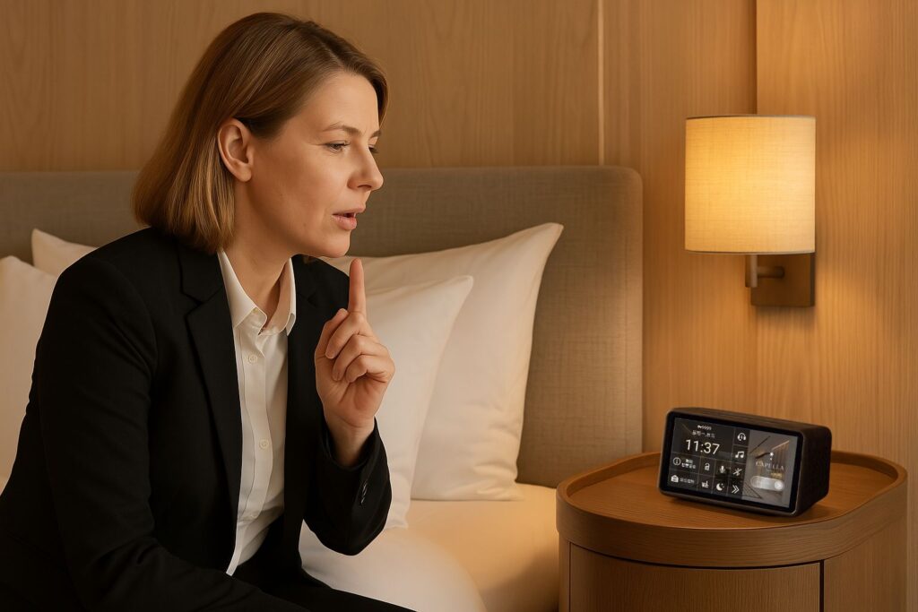 A woman is talking to an in-room AI voice assistant